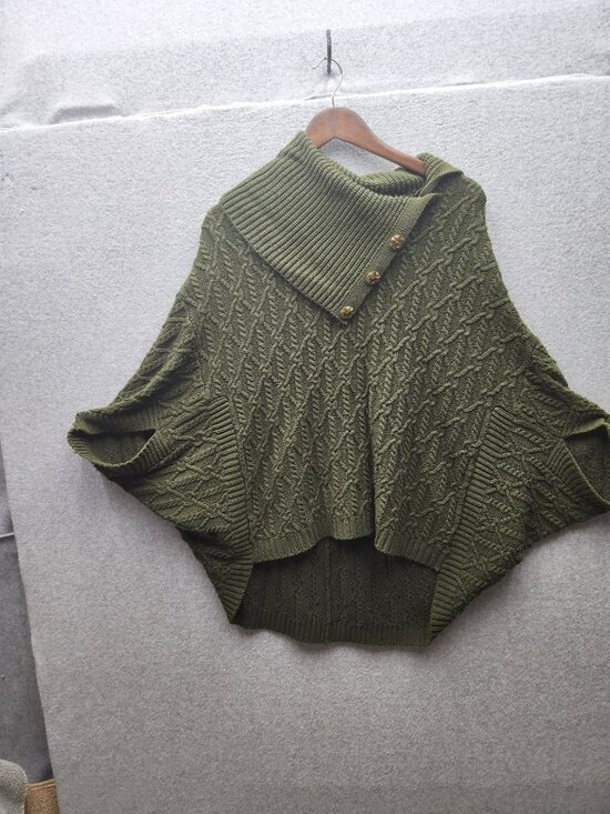 Design History Sweaters - Cable Knit Green Poncho Sweater With High Button Collar Design History Womens XL